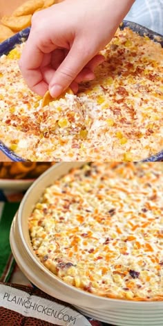 a person dipping cheese into a casserole dish