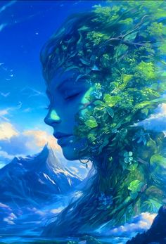 a painting of a woman's face with trees growing out of her head and mountains in the background