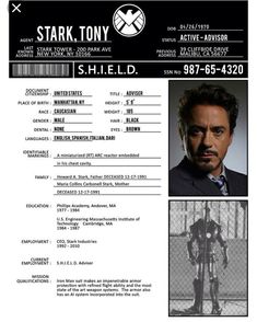 the id card for stark tony is shown in black and white