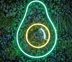 a green neon light in the shape of an avocado on top of leaves