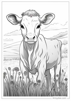 a black and white drawing of a cow standing in the middle of a field with dandelions