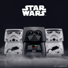 the lego star wars logo is shown in black and white, with three stormtroopers behind it