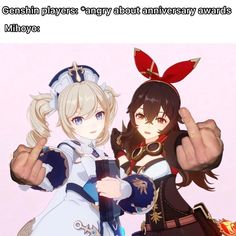 two anime characters giving thumbs up with caption that reads, english players angry about anniversary awards miyayo