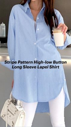 For more details :- https://linktr.ee/tstylo_fashion   Color: Brown, Blue  Material: Polyester  Pattern: Striped  Style: Casual  Sleeves Length: Long Sleeve  Collar: Lapel Collar  Season: Autumn, Spring Women Striped Shirt, Breast Sizes Chart, Overalls Plus Size, Dashiki Shirt, High Low Shirt, Striped Shirt Women, Blouse Material, Asymmetrical Tops, Spring Shirts