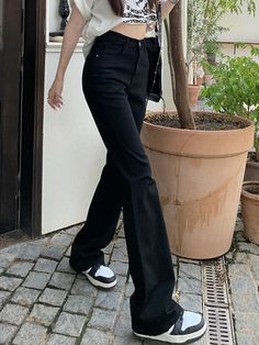 Versatile Black High Waist Stretchy Lengthen Flare Jeans Flare Jeans Black, Flare Jeans Y2k, High Waist Flare Jeans, Jeans Online Store, Baby Tees Y2k, Vintage Preppy, Body Proportions, Jeans Y2k