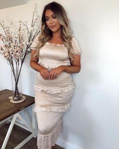 A solid satin midi dress featuring a smocked elastic body with ruffle trim and adjustable cami straps. Maternity Midi Dress, Fitted Midi Dress, Satin Midi Dress, Pregnancy Shoot, Maternity Dresses, Ruffle Trim, Pretty In Pink, Blush Pink, Lace Skirt