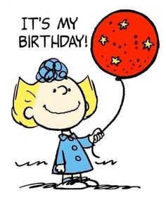 a cartoon girl holding a red balloon with the words it's my birthday