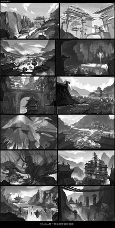 some black and white images with mountains in the background