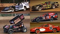 four dirt racing cars with numbers on them