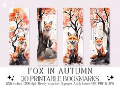 three bookmarks with watercolor paintings of foxes and trees