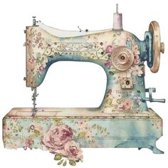 an old sewing machine with flowers painted on it