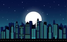 cityscape at night with full moon and stars