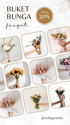 a bunch of flowers that are on top of a white sheet with the words buket bunga