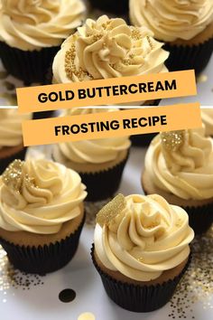 some cupcakes with frosting and gold sprinkles on top are shown