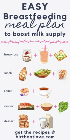 a poster with the words easy breastfeeding meal plan to host milk supply and baby food