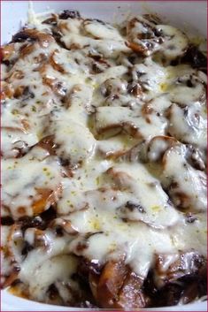 a casserole dish with meat and cheese on it in a white bowl, ready to be eaten