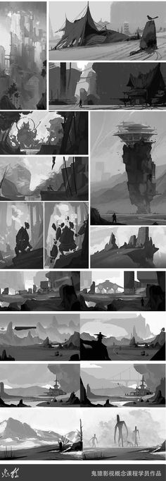 the concept art for star wars ii is shown in black and white, with many different scenes