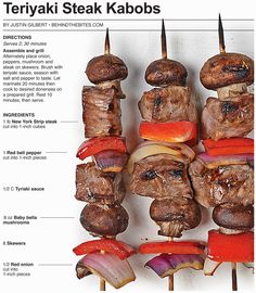 an image of steak kabobs on skewers with ingredients labeled in english