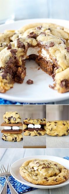 chocolate chip cookies and marshmallows are cut in half on a white plate