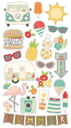 an assortment of stickers with the words summer and various items on it, including sunglasses,