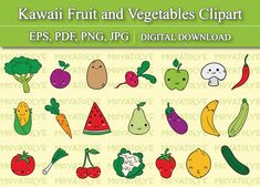 kawai fruit and vegetables clipart for eps, png, jpg, digital