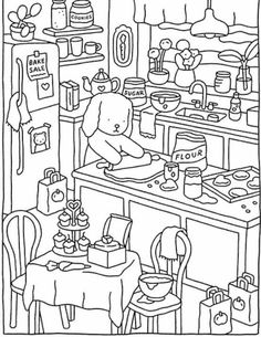 a black and white drawing of a kitchen with a teddy bear cooking in the oven