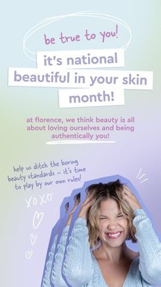 a woman holding her hair up to her head with the caption be true to you it's national beautiful in your skin month