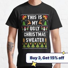 Standard fit with double-needle hems for durability. Solid colors are 100% preshrunk cotton, heather colors are cotton blend. Range of colors available, with the option to print on front or back. Size range S-3XL, suitable for men and women. This Is My Ugly Christmas In July Sweater Funny Summer T-Shirt