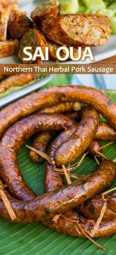 some sausages and other food items on a plate with the words sauqua written in