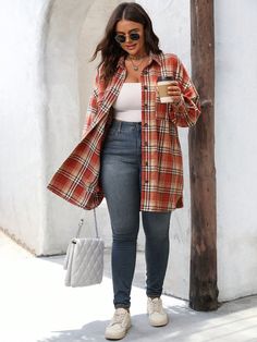 Plus Size Women's Casual Plaid Single-Breasted Long Sleeve Jacket Multicolor Casual  Long Sleeve Woven Fabric Plaid Shacket Slight Stretch  Women Plus Clothing, size features are:Bust: ,Length: ,Sleeve Length: Plus Size Women’s Fall Fashion, Fall Curvy Outfits Plus Size, Fall Outfits For Short Chubby Women, Fall Outfits Plus Size Women 2024, Fall Outfit Plus Size Casual, Mid Size Fashion For Women With Belly, Mom Chic Style, Cute Fall Outfits Plus Size Casual, Fall Outfits 2024 Plus Size