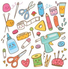 an assortment of sewing related items including scissors, yarn, thread and other crafting supplies