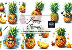 cartoon pineapples with different facial expressions are grouped together to create an animated character