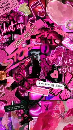 pink and black collage with lots of different things on it's side, including hearts