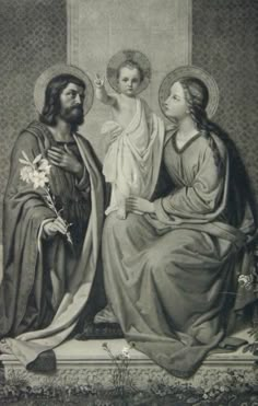 an old black and white drawing of jesus with two other people in front of him