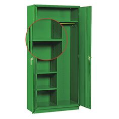 a green metal storage cabinet with the door open and an arrow pointing to it's left