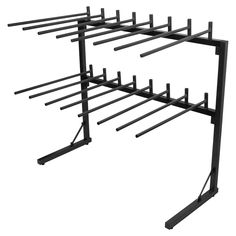 a large metal rack with many different sized racks on it's sides and two black poles attached to the top