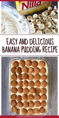 banana pudding in a glass baking dish with the words, bananas pudding fast, easy and super delicious