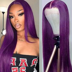 PRICES MAY VARY. 【Hair Details】: 24inch 13x3 Lace Front Wig, dark purple color, pre plucked, natural hairline. 【Hair Feature】: Similar human hair, light weight, soft smooth, easy to knot, heat resistant synthetic fiber hair up to 350°F - 370°F. 【Wigs Cap】Average cap size, from 21" to 23", high quality elastic net. 2 adjustable straps and 3 combs(2 sides &back). 【Use Occasion】:Dressing up to comiccon, cosplay show, halloween, costume party,anime show, cosplay event and daily use and any other occ Dark Purple Wigs, Purple Lace Front Wig, Purple Lace Front, Purple Wigs, Comiccon Cosplay, Colorful Wig, Hair Details, Sew In Hairstyles, Hair Light