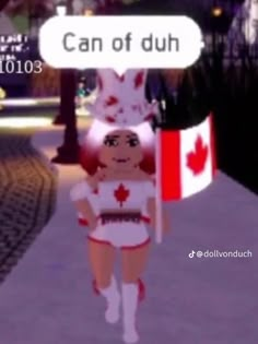 an animated canadian girl is walking down the street holding a sign that says can of duh