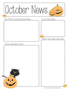 a printable october news page with pumpkins and a black cat on the front