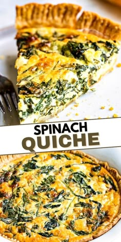 spinach quiche on a white plate with a fork and text overlay that reads spinach quiche