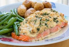 salmon, green beans and potatoes on a plate