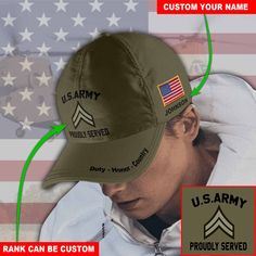 the us air force hat is shown with an american flag in the background and green arrows pointing to it