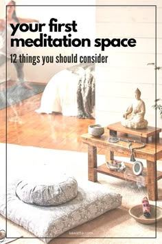 a living room filled with furniture and a buddha statue on top of a wooden table