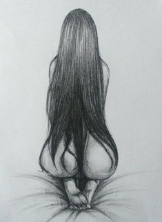 a pencil drawing of a woman's back with long hair and no shirt on