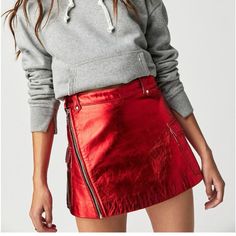 Fit: Mid-Rise, A-Line Silhouettefeatures: Metallic Leather Fabrication, Asymmetrical Zip Closure, Hardware Detailing Throughout, Oversized Pockets Red Leather Mini Skirt, Barbados Cherry, Short Leather Skirts, Brown Mini Skirt, Skirt Collection, Vegan Leather Skirt, Belted Mini Skirt, Grey Sweats, Tie Dye Denim