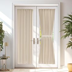 an open white door with vertical blinds on the side and potted plant next to it