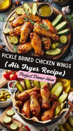 chicken wings with pickles and olives on the side, served in a bowl