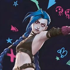 a woman with blue hair is pointing at something