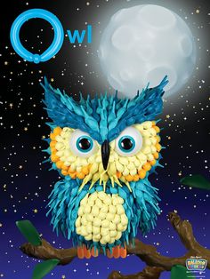 an owl is sitting on a branch with the moon in the background